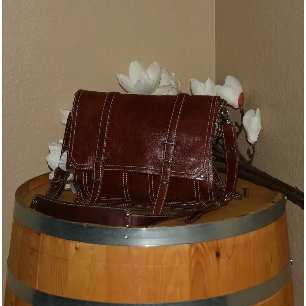 FRANCESCO BIASIA Brown Leather Saddle Bucket Satchel Shoulder Bag Purse Handbag